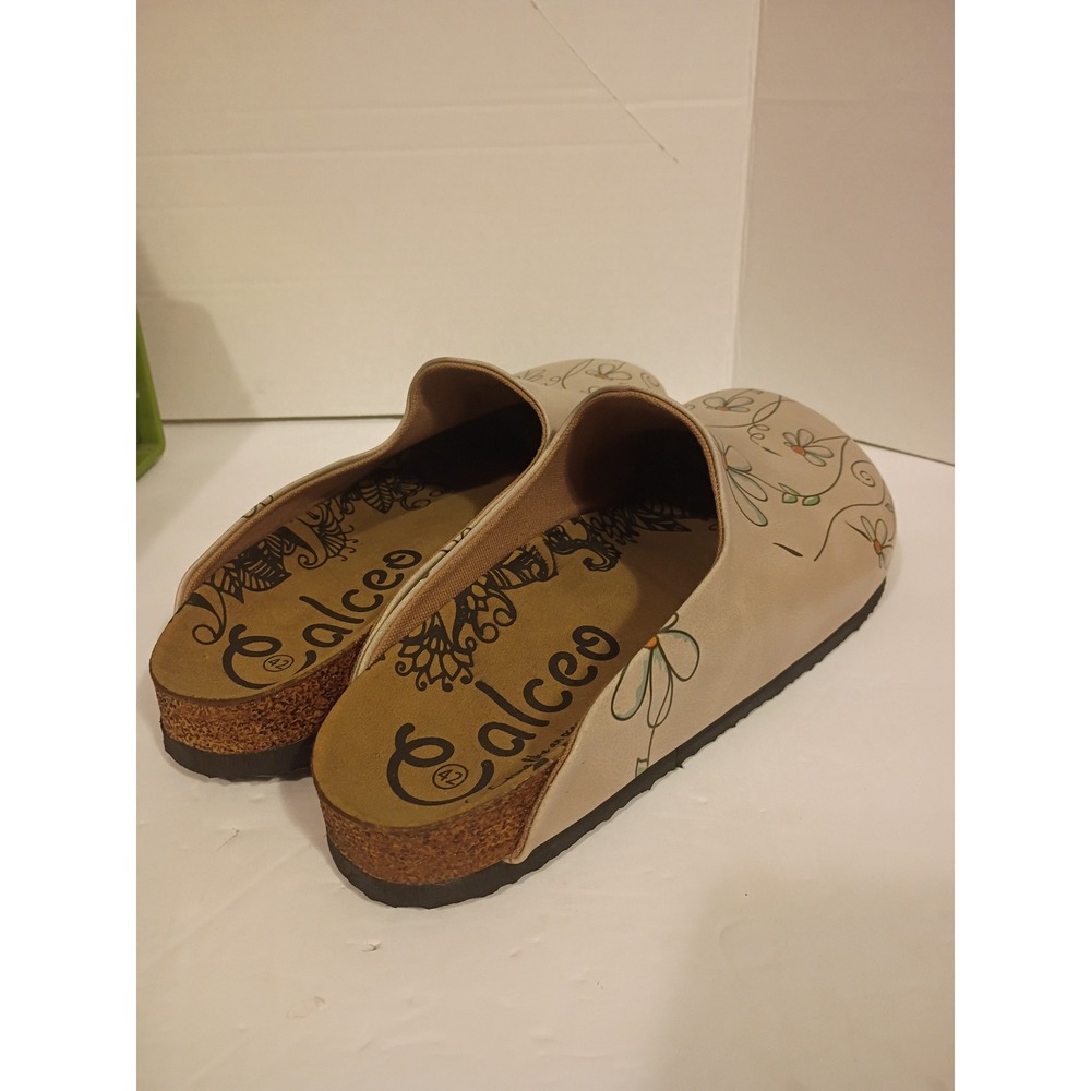 Calceo Women Beige Floral Daisy Print Cork Footbed Mule Clogs Size 42 - Picture 3 of 8